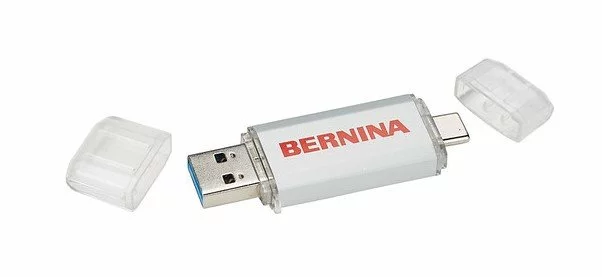 BERNINA branded USB flash drive with dual connectors and clear protective caps