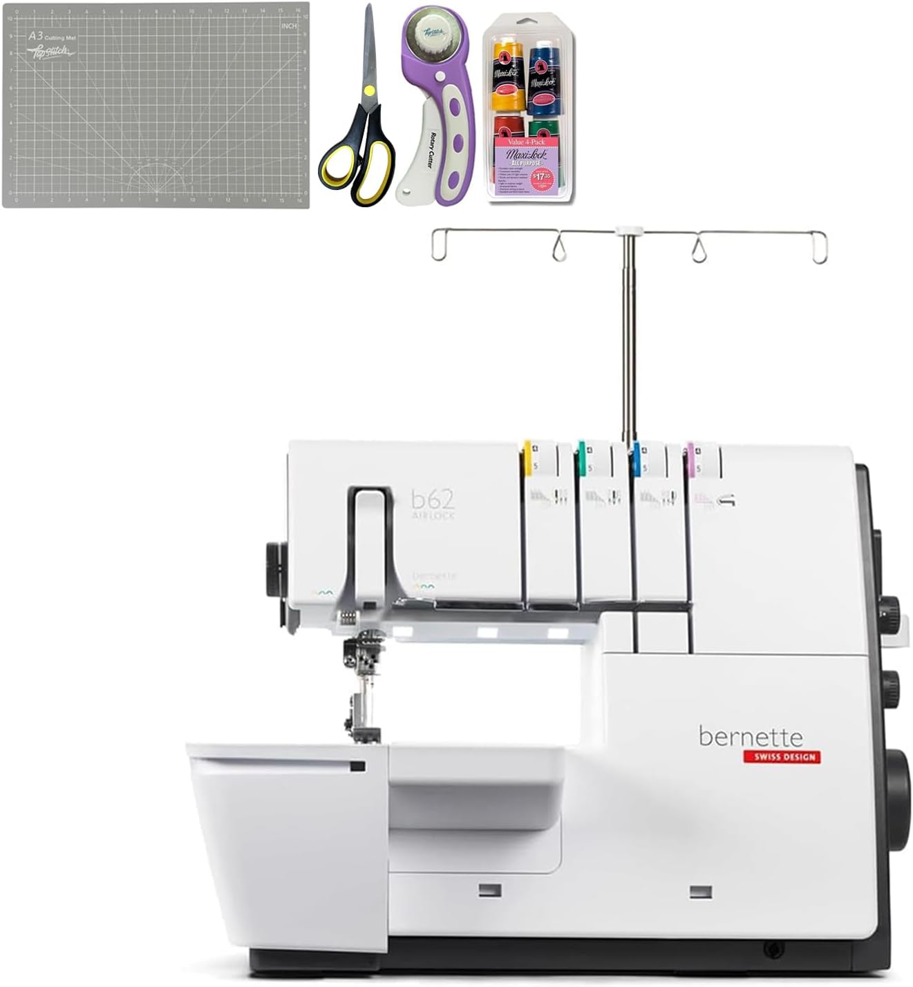 Bernette B62 Airlock Coverstitch Machine Bundle with Air Threader, Rotary Cutter, Scissors, Thread Set, and Cutting Mat