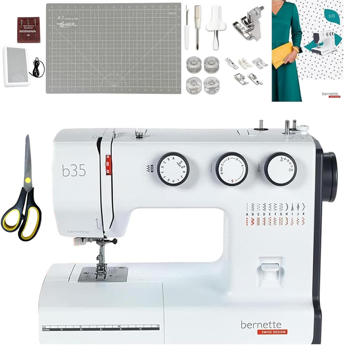 Bernette B35 Complete Sewing Machine Kit with 23 Stitches, Presser Feet, Cutting Mat, Scissors, and Sewing Accessories