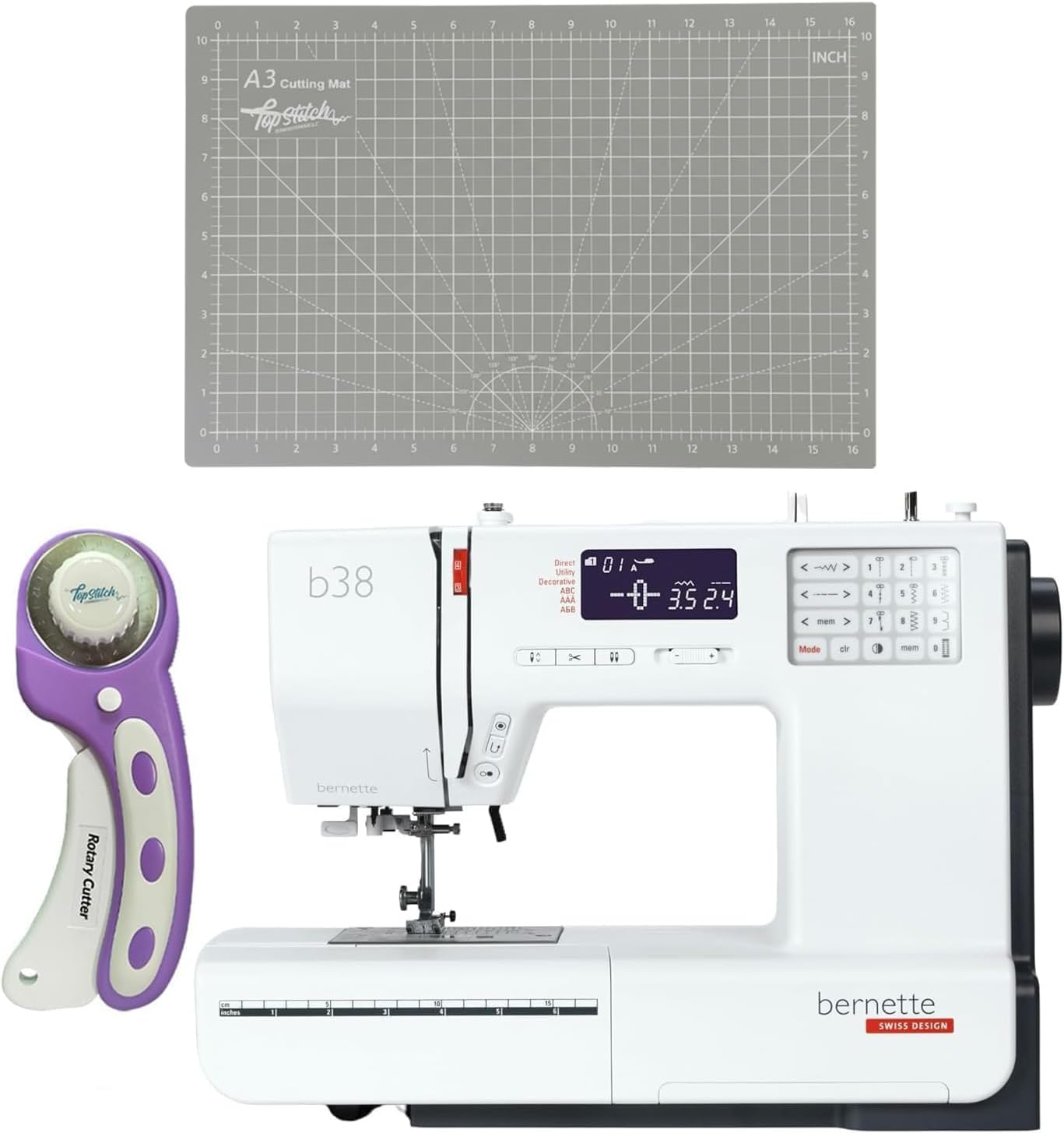 Bernette B38 Computerized Quilting & Embroidery Sewing Machine Set with Rotary Cutter and Cutting Mat