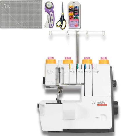 Bernette B42 Funlock Coverstitch Machine Bundle with Rotary Cutter, Scissors, Thread Set, and Cutting Mat