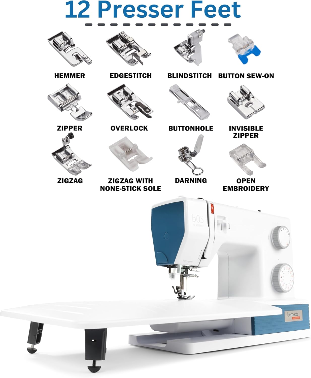 Bernette B05 Academy Sewing Machine Bundle with 30 Stitches, 12 Presser Feet, Extension Table & Exclusive Bernette Tote Bag
