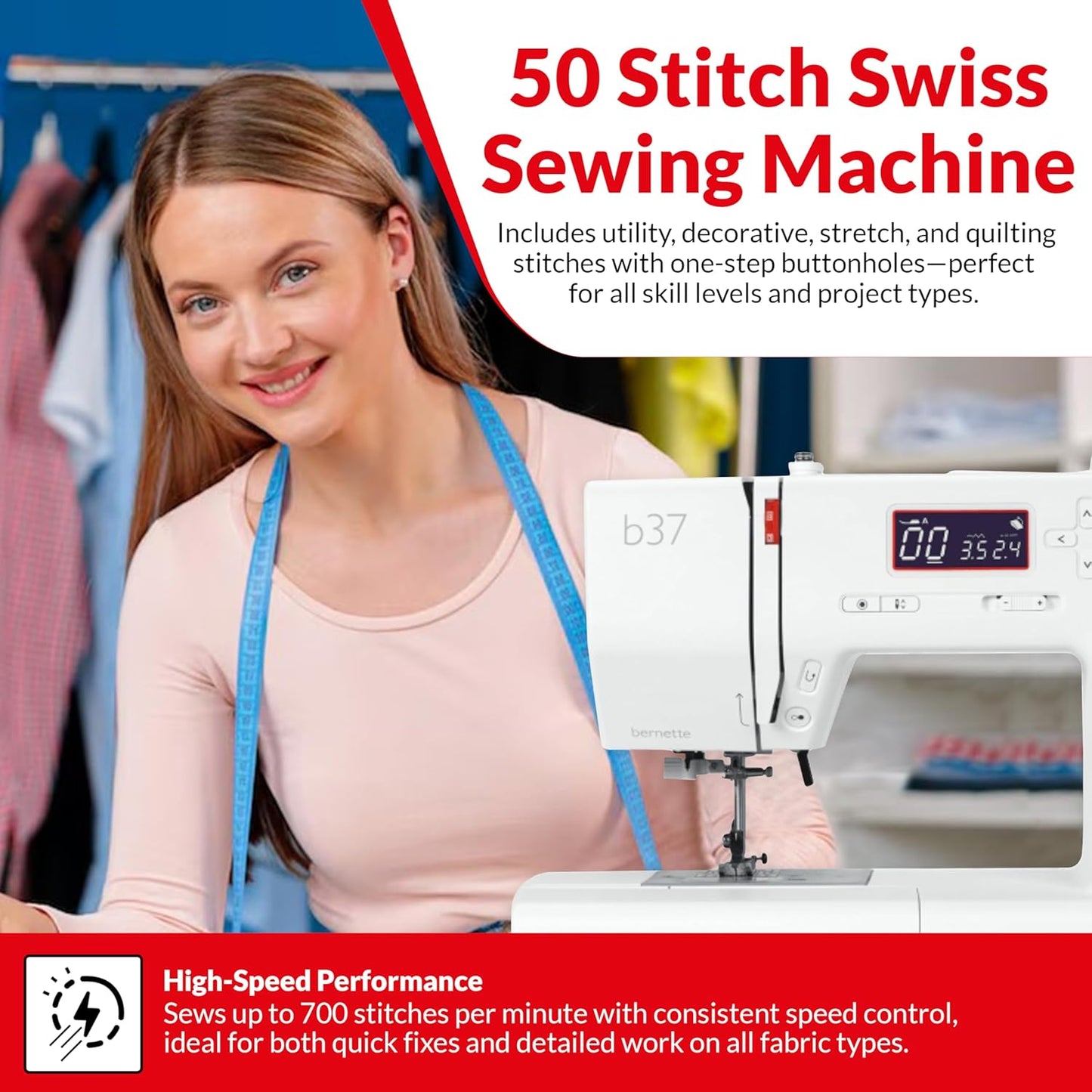 Bernette B37 Computerized Sewing Machine Bundle with 50 Stitches, Quilting Kit, LCD Display & Free Bernette Tote Bag