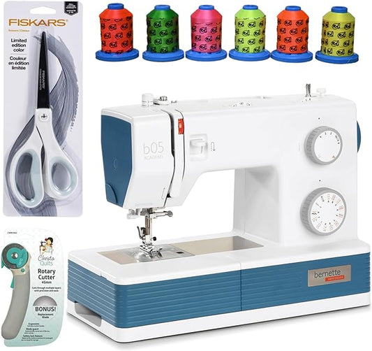 Bernette B05 Academy Sewing Machine Bundle with 6 Pack Threads, Scissors and Rotary Cutter