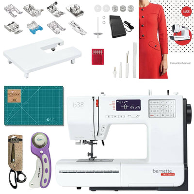 Bernette B38 Computerized Sewing Machine with Extension Table, Rotary Cutter, Scissors & Deluxe Presser Foot Kit
