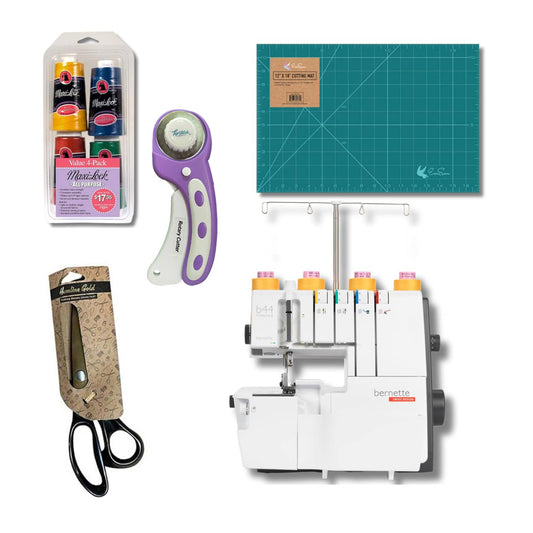 Bernette B44 Funlock Coverstitch Overlock Serger Bundle with Scissors, Rotary Cutter, Threads Bundle and Self Healing Foldable Cutting Mat