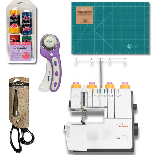 Bernette B48 Funlock Coverstitch Overlock Serger Bundle with Scissors, Rotary Cutter, Threads Bundle and Self Healing Foldable Cutting Mat