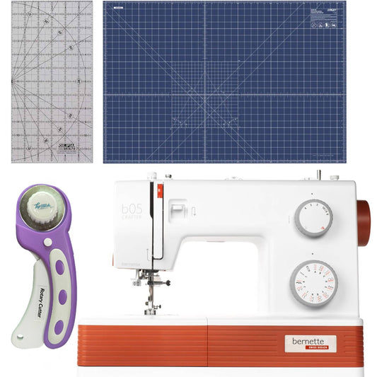 Bernette b05 Crafter Sewing Machine Bundle with Quilting and Sewing Kit - 1 Rotary Cutter, 1 Rotary Mat and 1 Non-Slip Frosted Acrylic Ruler for Creative Sewing Enthusiasts