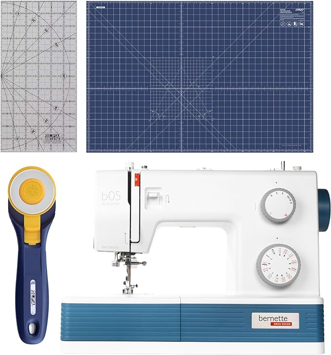 Bernette b05 Academy Sewing Machine Bundle with Quilting and Sewing Kit - 1 Rotary Cutter, 1 Rotary Mat and 1 Non-Slip Frosted Acrylic Ruler for Creative Sewing Enthusiasts