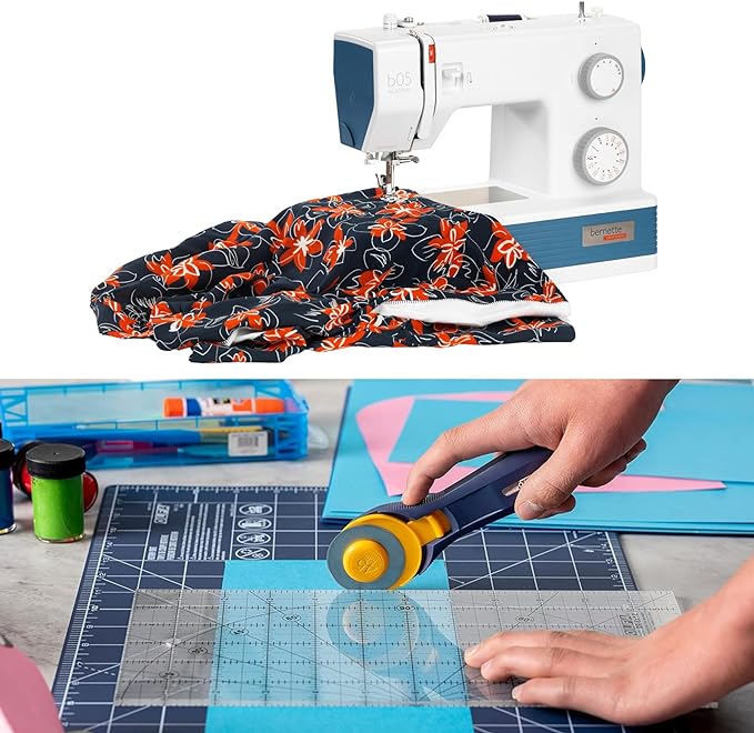 Bernette b05 Academy Sewing Machine Bundle with Quilting and Sewing Kit - 1 Rotary Cutter, 1 Rotary Mat and 1 Non-Slip Frosted Acrylic Ruler for Creative Sewing Enthusiasts