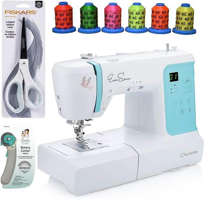 EverSewn Charlotte: 80-Stitch Computerized, Professional Quilting & Free Motion Features-Beginner to Expert Sewing Machine Bundle with 6 Pack Threads, Scissors and Rotary Cutter