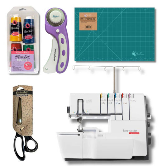 Bernette B68 Airlock Serger Bundle with Scissors, Rotary Cutter, Threads Bundle and Cutting Mat
