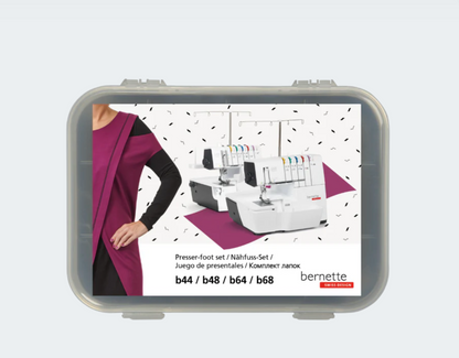 Bernette presser-foot set for b44, b48, b64, b68 sewing machines with model wearing pink and black dress