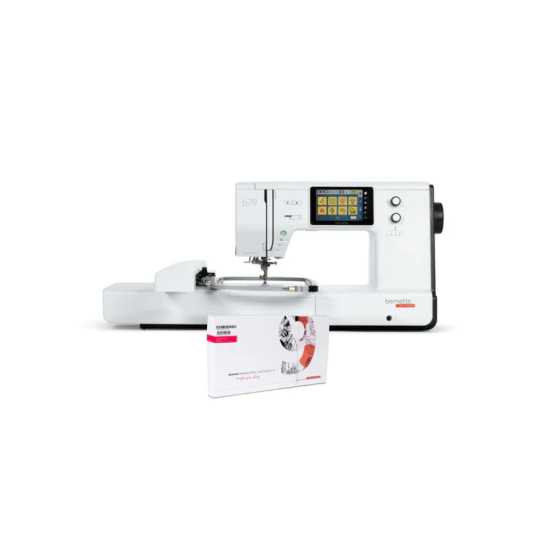 Bernette b79 sewing and embroidery machine with an accessory package displayed in front