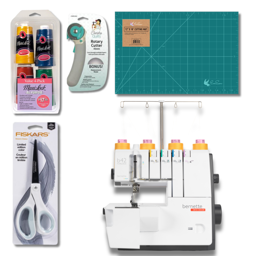 Bernette B42 Funlock Coverstitch Overlock Serger Bundle with Scissors, Rotary Cutter, Threads Bundle and Self Healing Foldable Cutting Mat