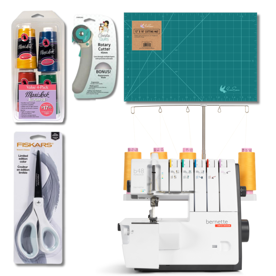 Bernette B48 Funlock Coverstitch Overlock Serger Bundle with Scissors, Rotary Cutter, Threads Bundle and Self Healing Foldable Cutting Mat