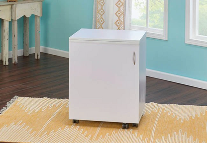 Compact white sewing cabinet with a closed design on caster wheels