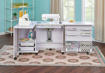 Fully expanded sewing workstation with built-in storage and sewing machines