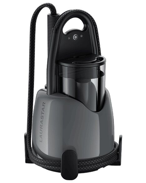 Laurastar black steam cleaner with a coiled hose and water tank