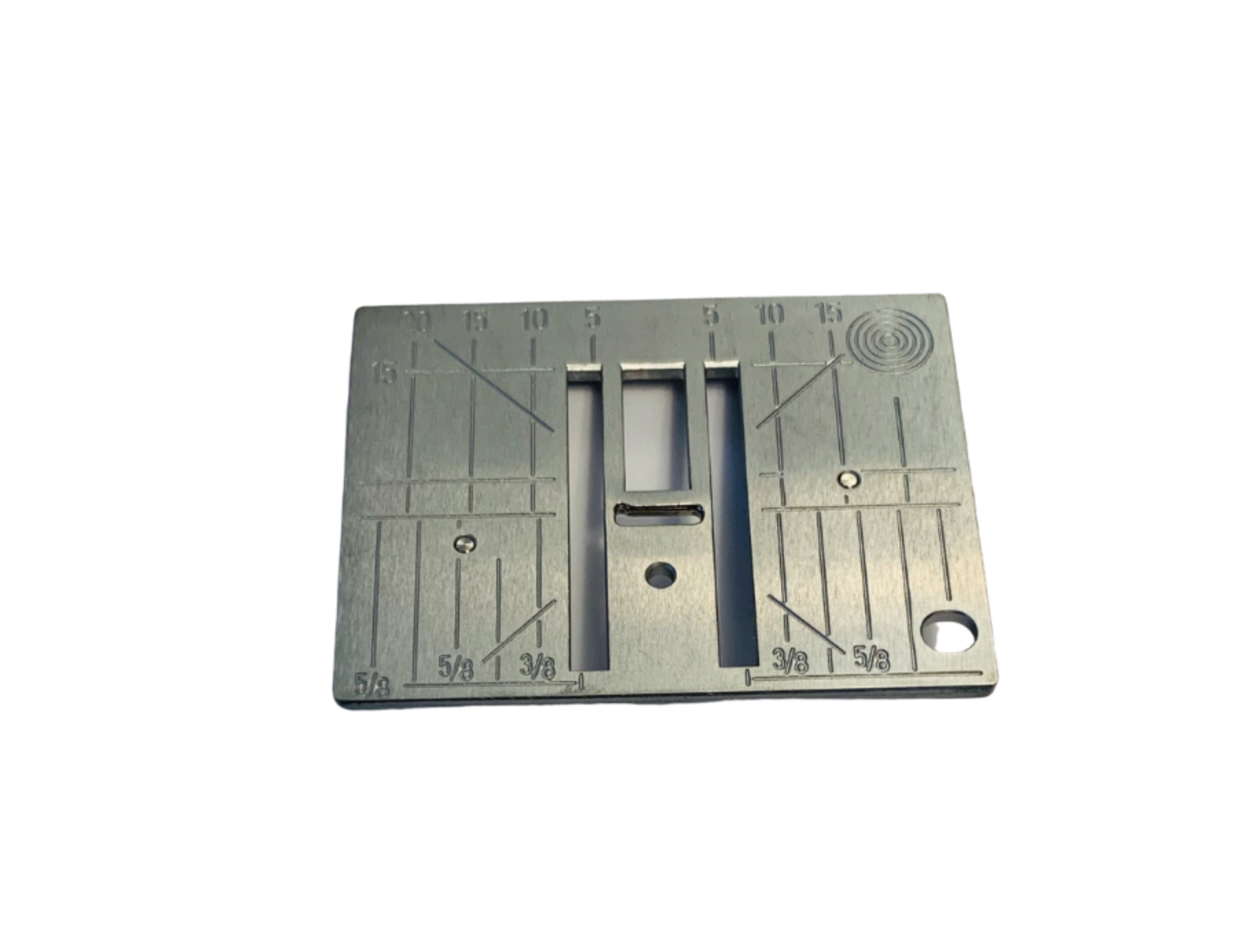 Metal sewing machine needle plate with measurement markings and guide lines