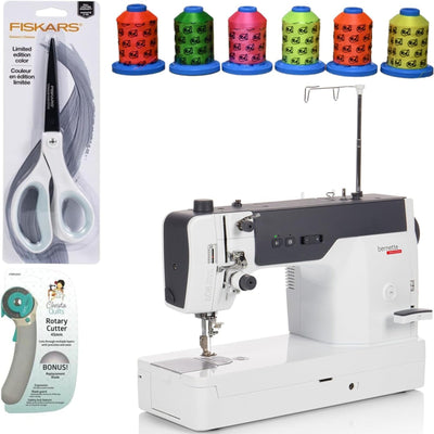 Bernette B08 Straight Stitch Sewing Machine | 1600 Stitches Per Minute | Exclusive Bundle with 6-Pack Threads, Scissors, Rotary Cutter, Needles, Bobbins, Extension Table, LED Light, Threader