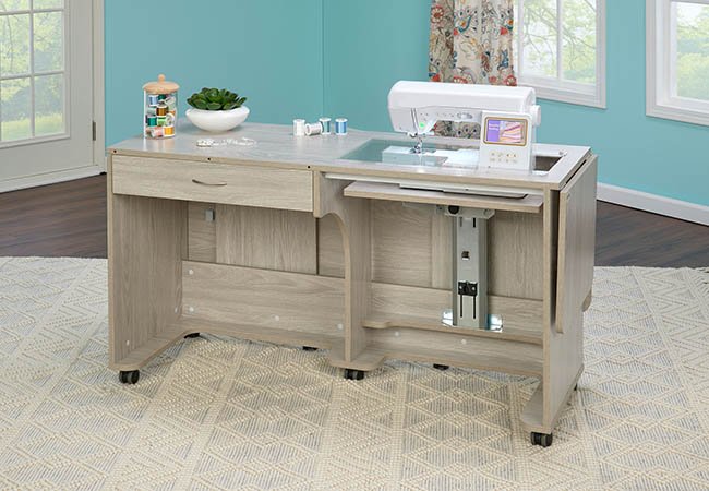 Wooden sewing cabinet with an open lift mechanism and a sewing machine