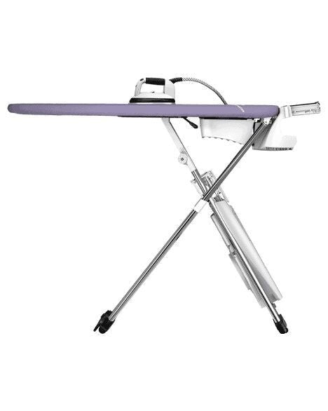 Professional steam ironing system with an integrated ironing board, steam generator, and iron, featuring a purple ironing surface and foldable metal legs.