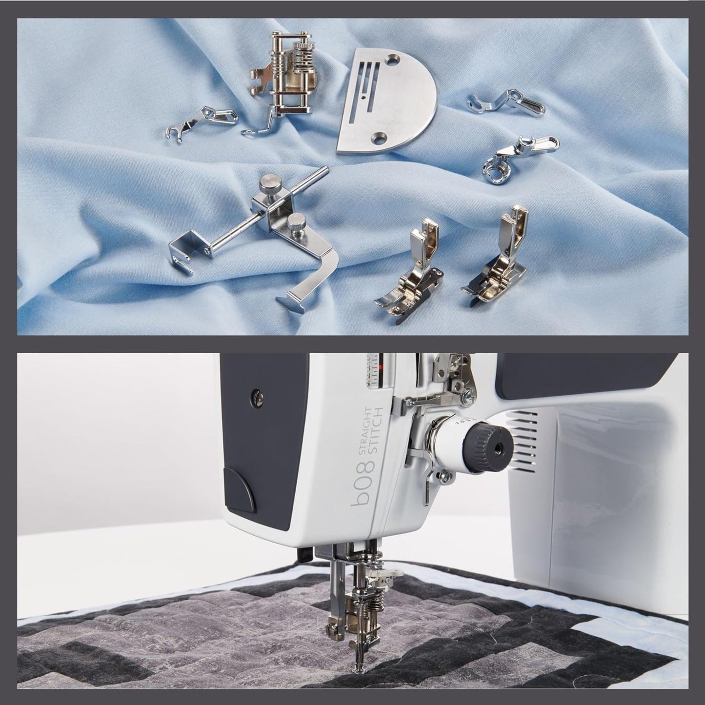 Bernette B08 Straight Stitch Sewing Machine | 1600 Stitches Per Minute | Exclusive Bundle with Quilt Making Kit, Presser Foot Kit, Needles, Bobbins, Extension Table, LED Light, Threader for Quilters