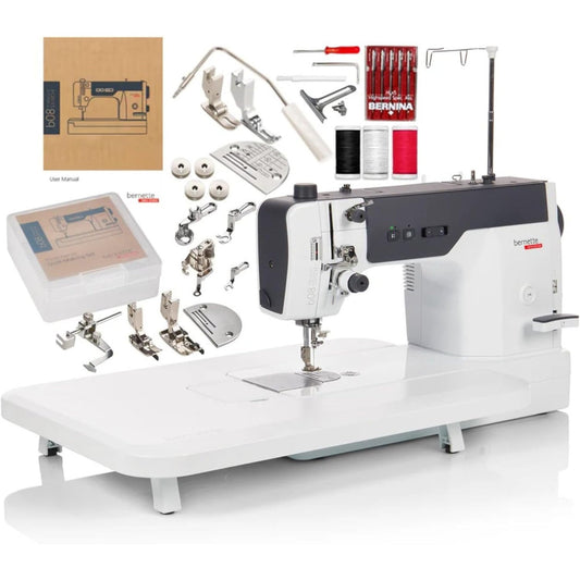 Bernette B08 Straight Stitch Sewing Machine | 1600 Stitches Per Minute | Exclusive Bundle with Quilt Making Kit, Presser Foot Kit, Needles, Bobbins, Extension Table, LED Light, Threader for Quilters