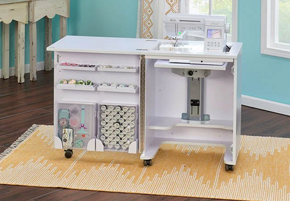 White sewing cabinet with storage compartments and sewing machine on a patterned yellow rug